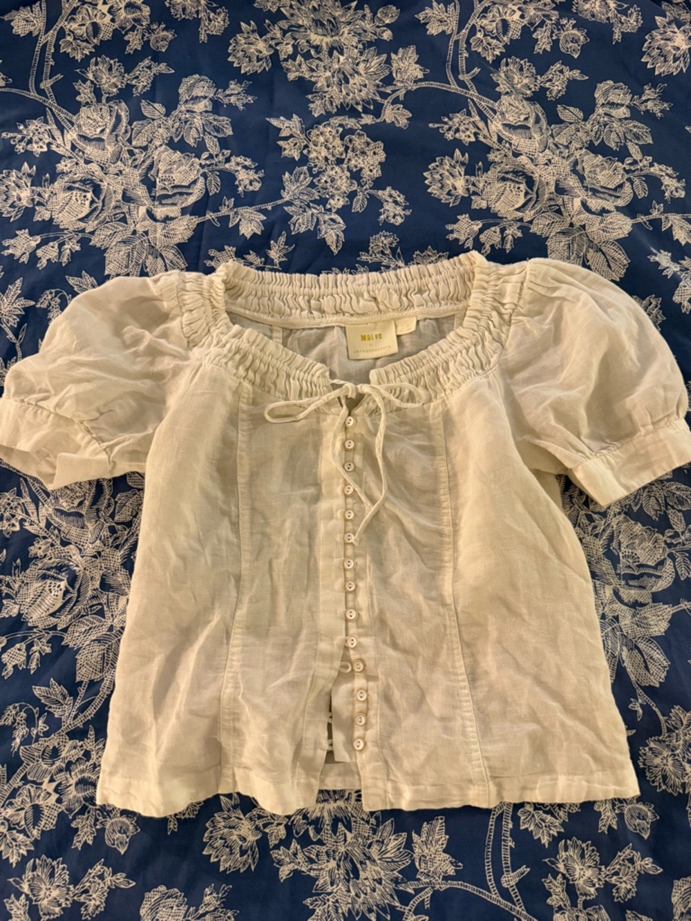 Anthropologie Maeve Cream Drawstring Button Peasant Top